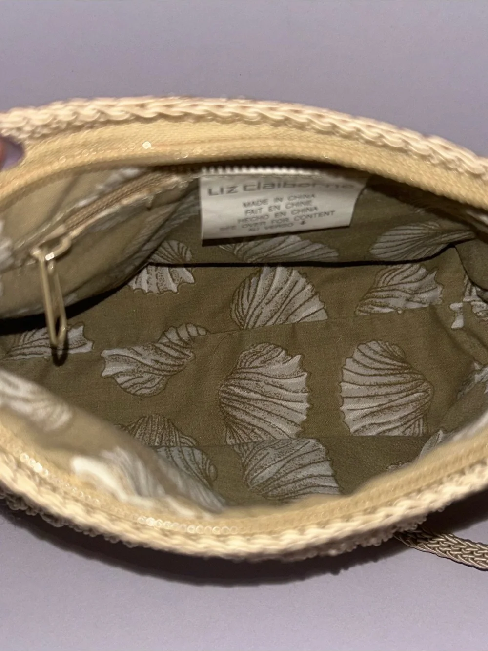 Liz Claiborne Beige Woven Crochet Crossbody Bag Seashell Print Lining